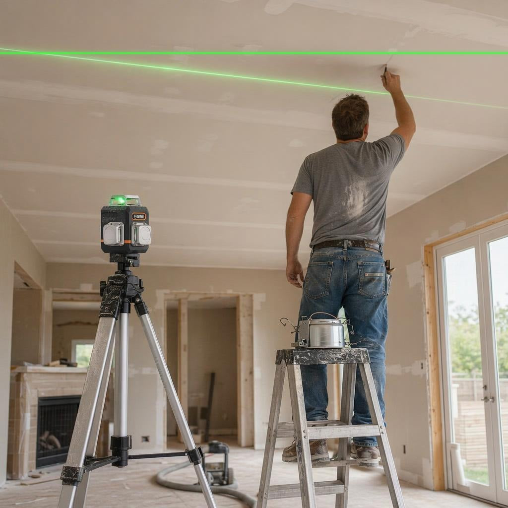 CIGMAN CM-701 laser level projecting a green line across a ceiling for recessed can light layout